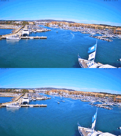 Animation showing webcam live feed of a sea port